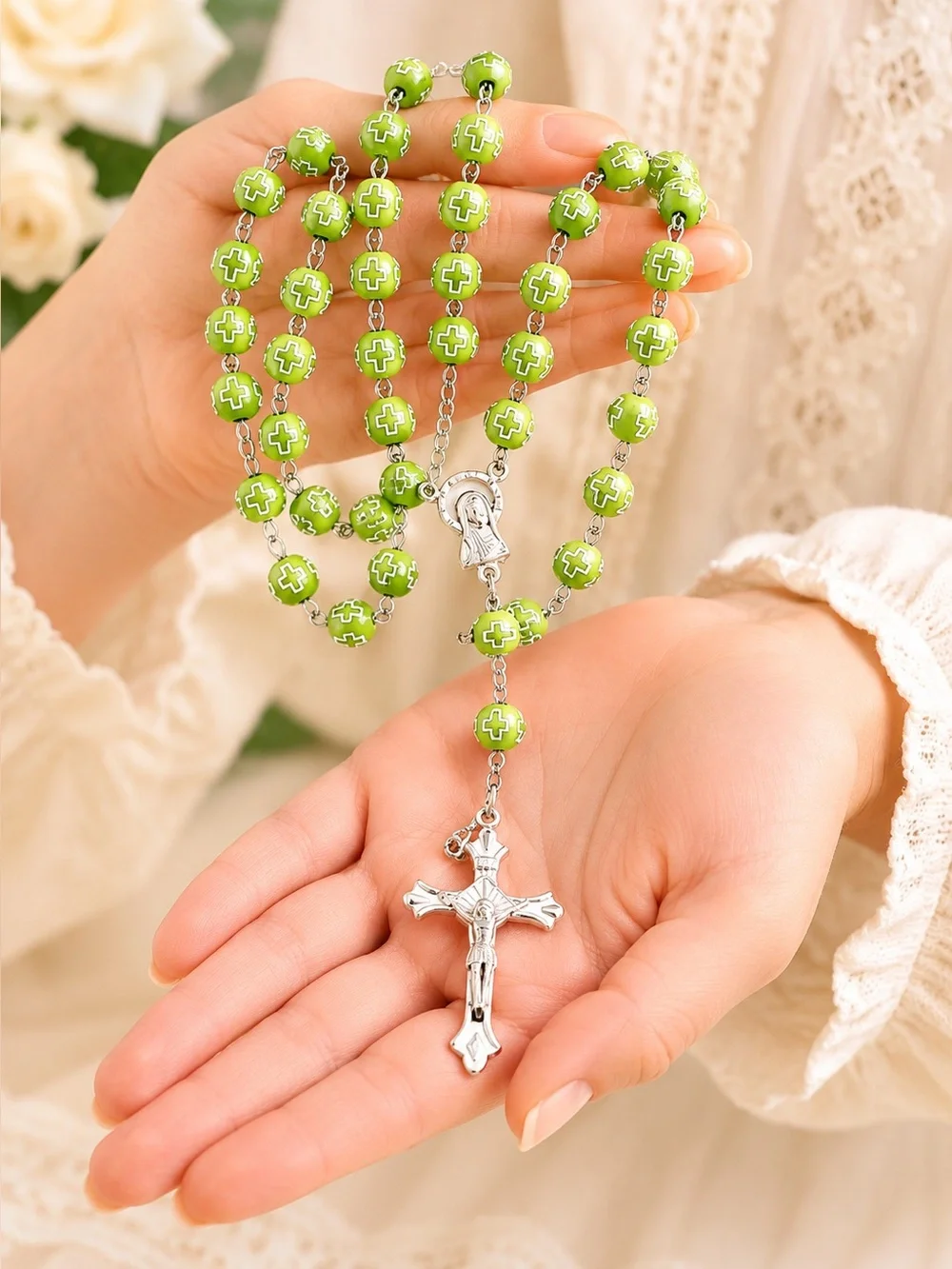 Catholic Lime Green Beaded Rosary Silver Crucifix Mary Cross Prayer Beads